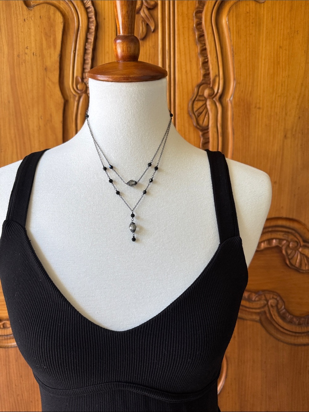 Lori Lori Layered Black Bead/Swarovski Crystal Necklace/earrings Women's Jewelry